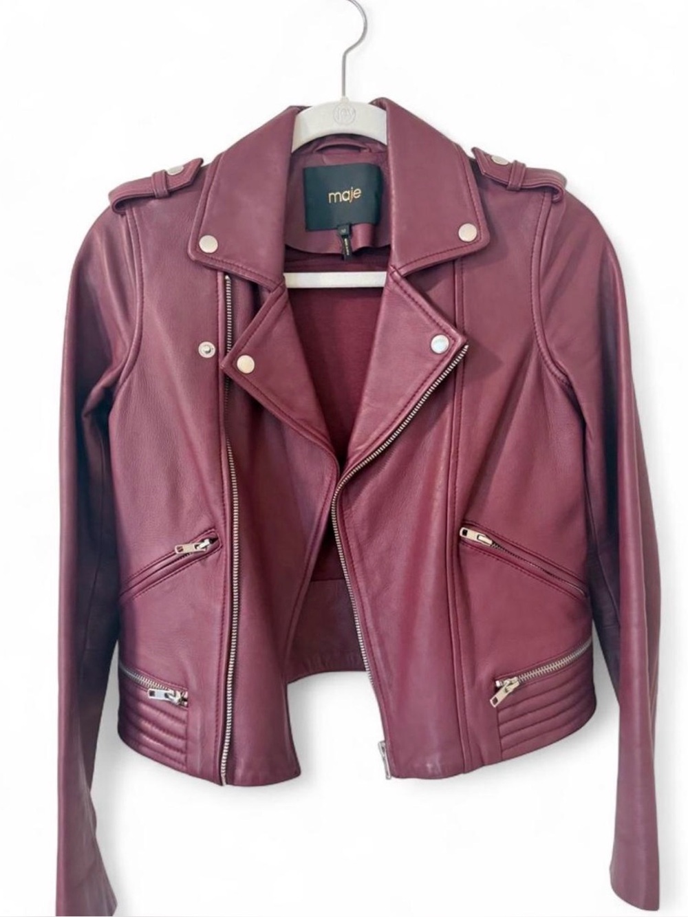 maje Women's Burgundy Leather Moto Jacket